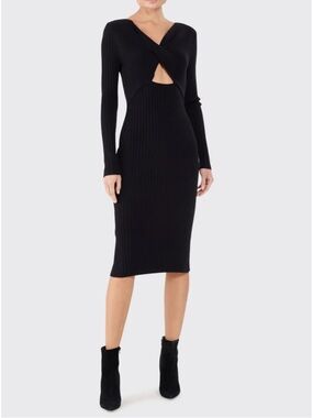 Ramy Brook Black Ribbed Long-Sleeve Cutout Midi Dress